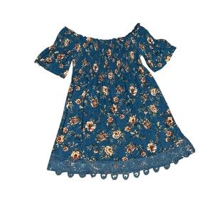 Smocked Off-Shoulder Dress Floral Teal XL Lace Hem